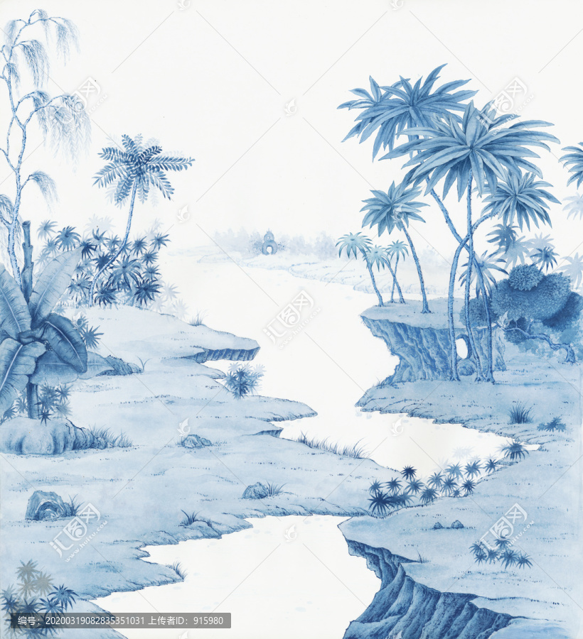 手繪單色熱帶植物風景山水背景