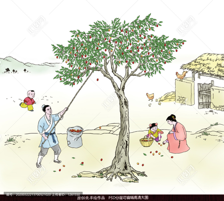 古代勞動場景打棗圖