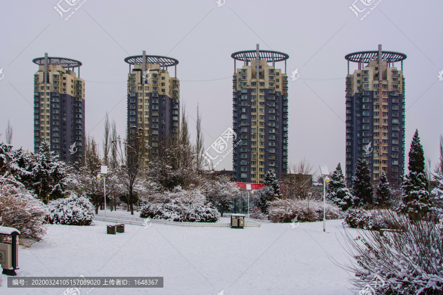 高层住宅建筑群与树丛松树雪地