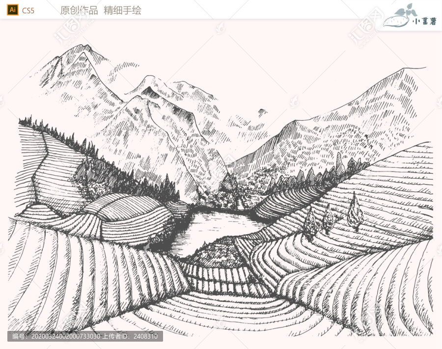 手繪高山茶園和水庫
