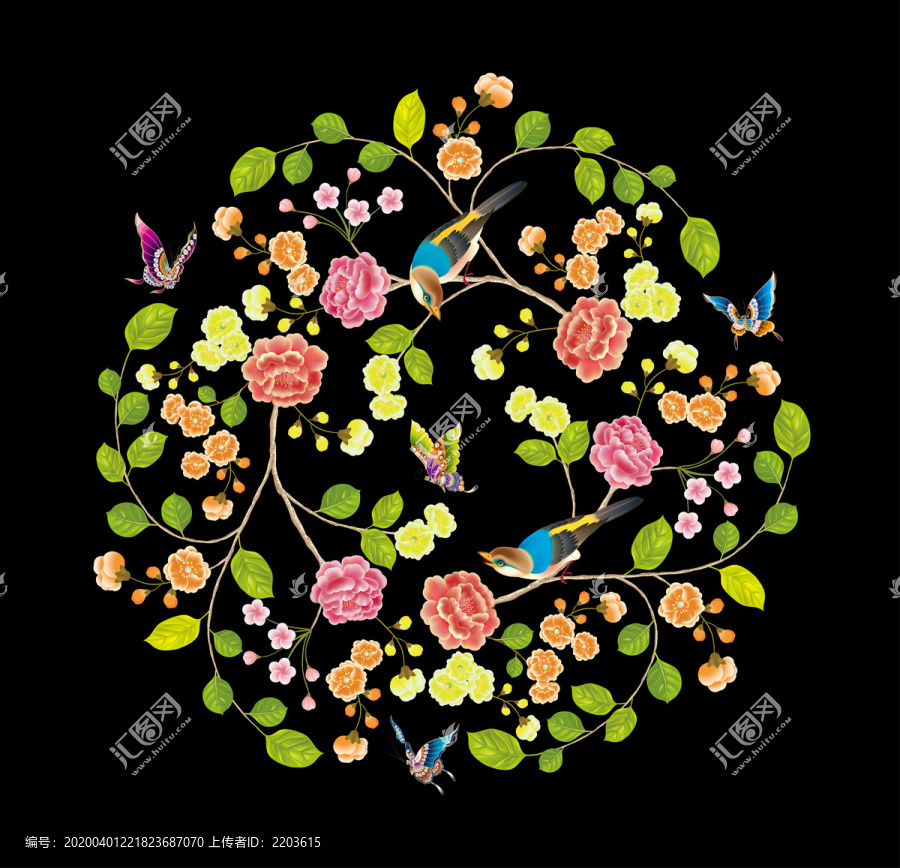 矢量工筆花鳥團(tuán)花