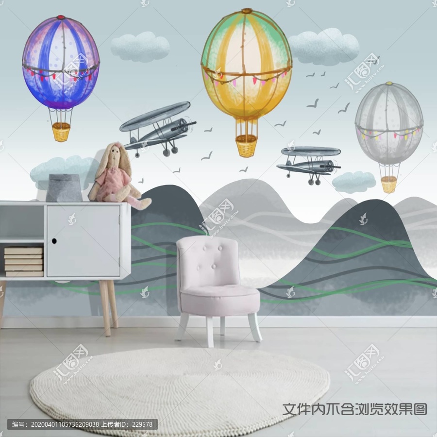 北歐手繪氣球飛機兒童房背景墻