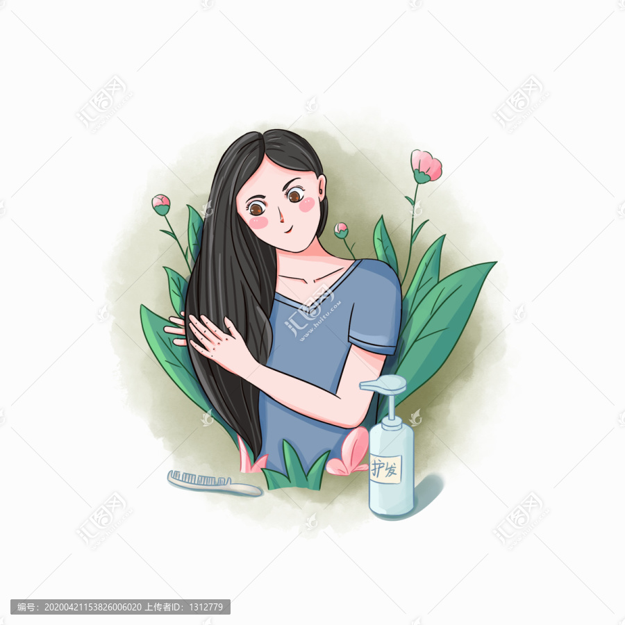 愛護頭發(fā)涂護發(fā)素的少女插畫