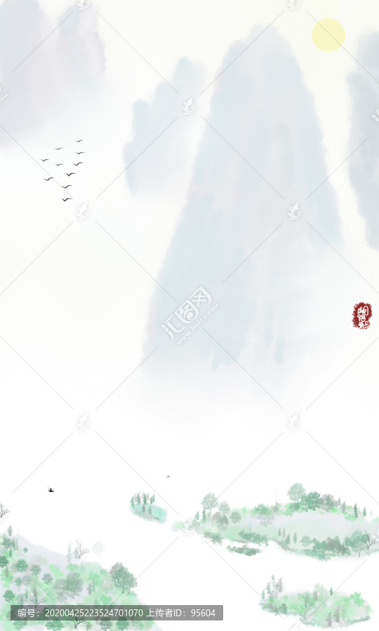 中國(guó)風(fēng)水墨淡彩山水人家