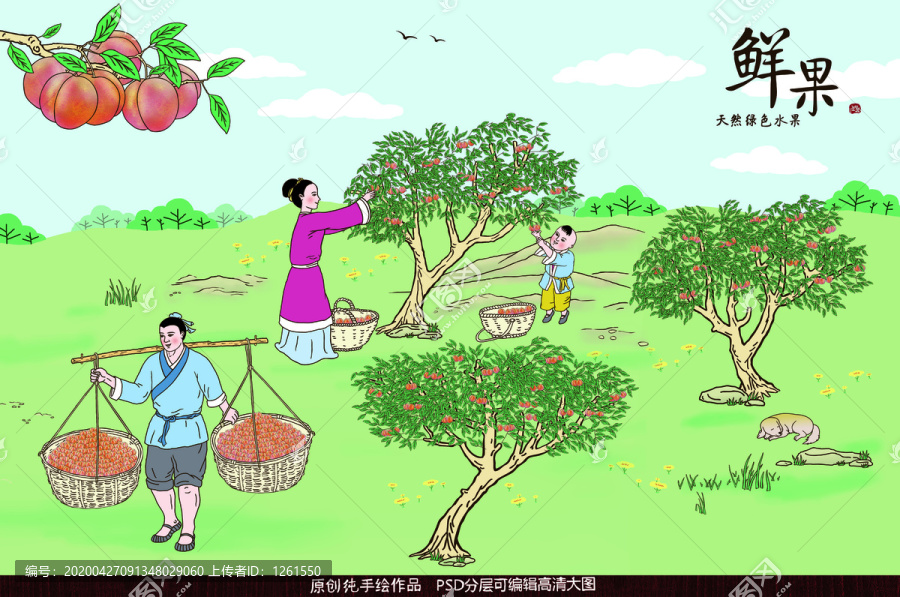 古代勞動(dòng)場(chǎng)景手繪摘李子