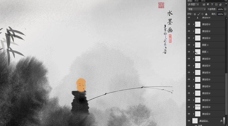 寒江獨(dú)釣水墨畫(huà)