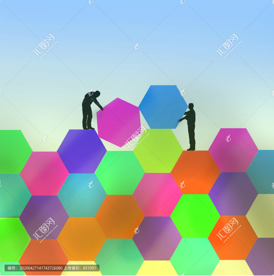 两个人用彩色六边形描绘前进