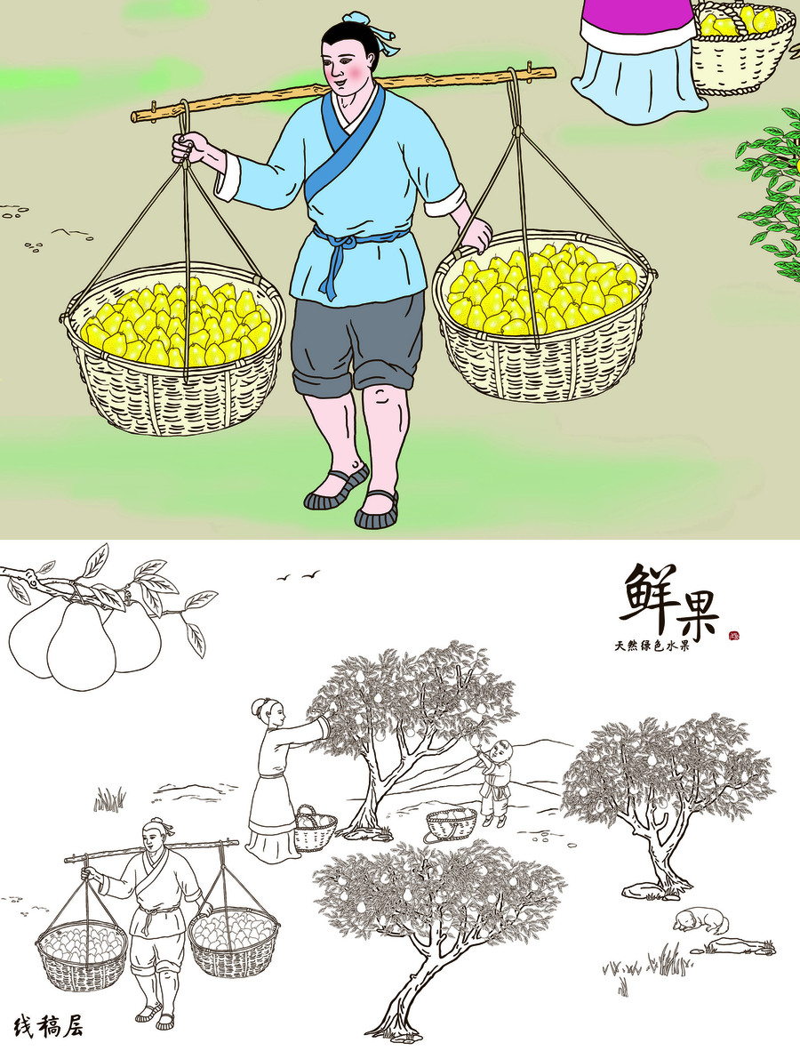 古代劳动场景手绘摘梨