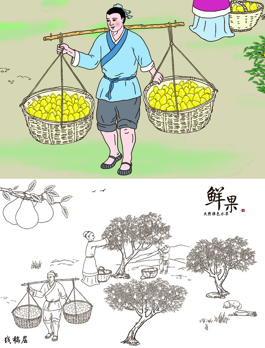 古代勞動(dòng)場(chǎng)景手繪摘梨