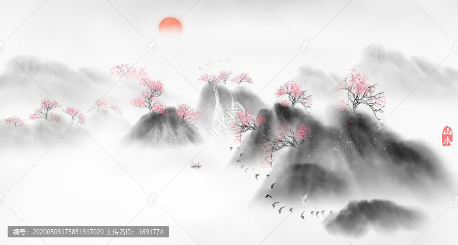 手繪中國風意境水墨山水畫