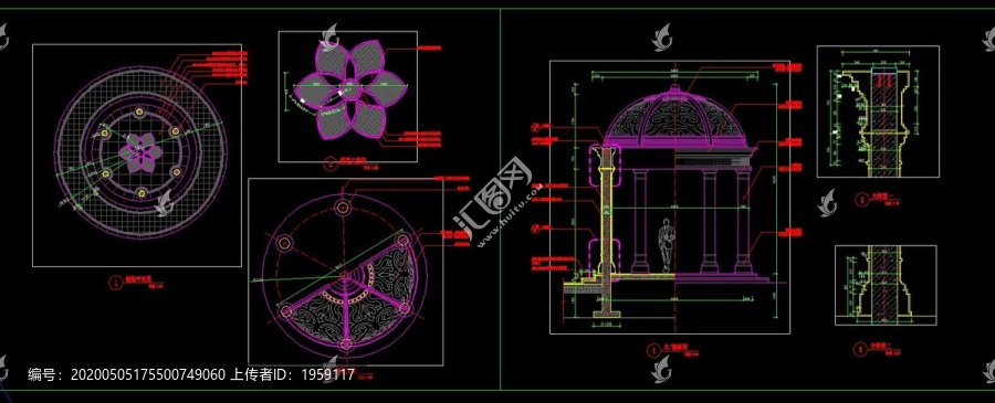 欧式圆形铁艺穹顶景观亭施工图