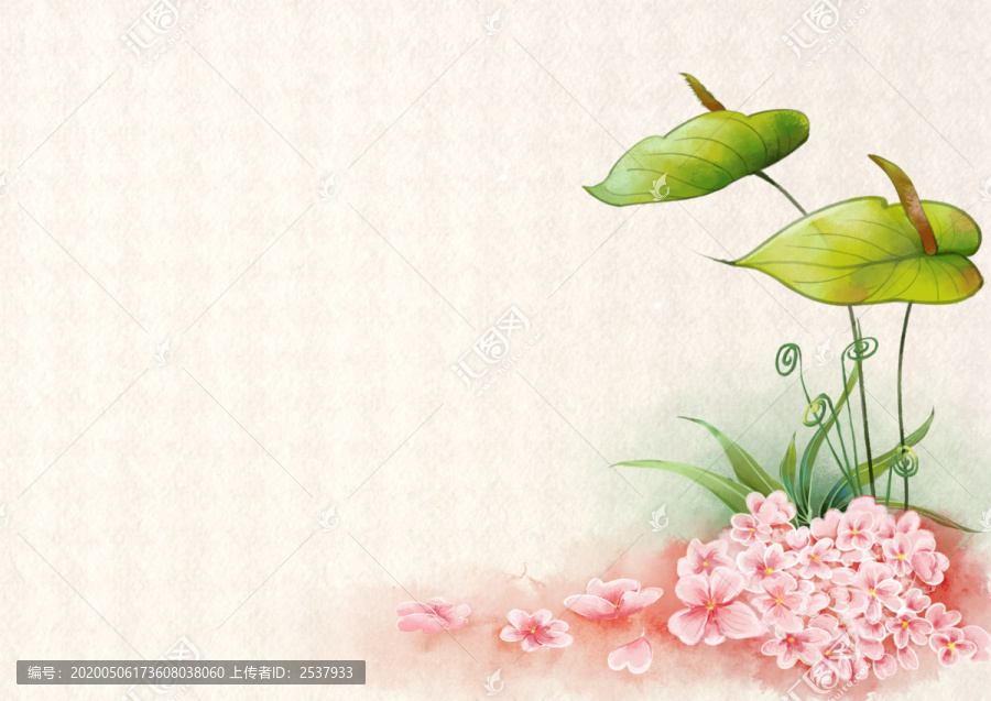 粉绿色水彩风植物花卉边角装饰