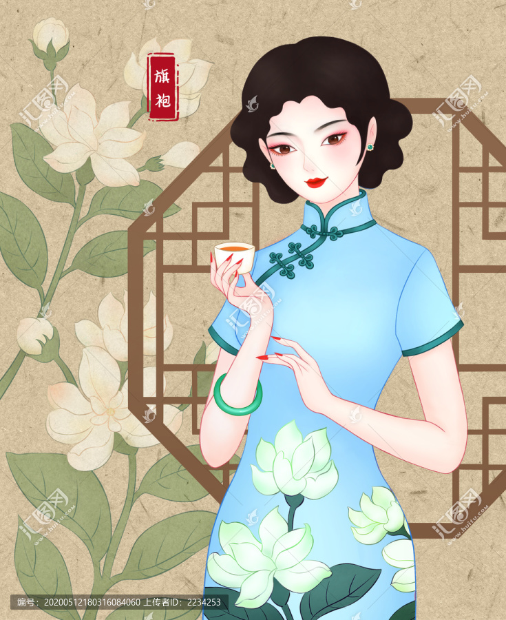 旗袍喝茶女人