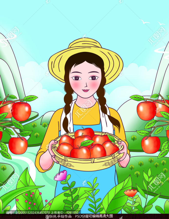 手繪勞動(dòng)場(chǎng)景摘蘋果的女孩