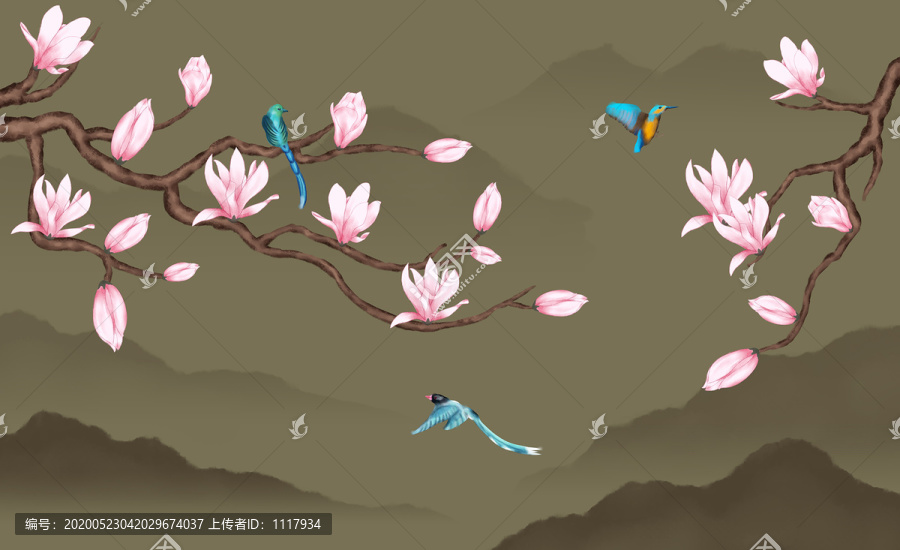 玉蘭花花鳥山水畫