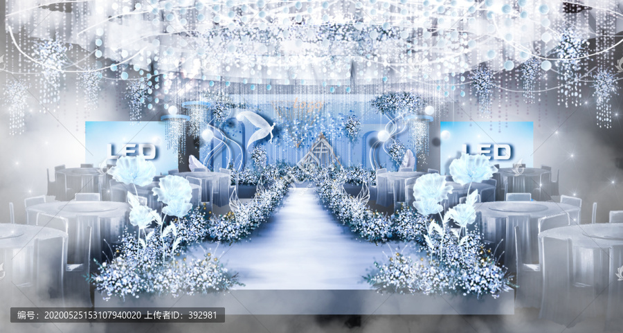蓝白色婚礼舞台宴会厅设计