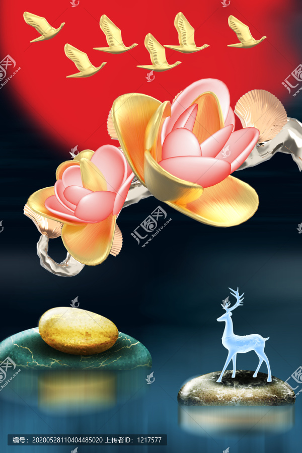 新中式花鳥麋鹿已經客廳裝飾畫