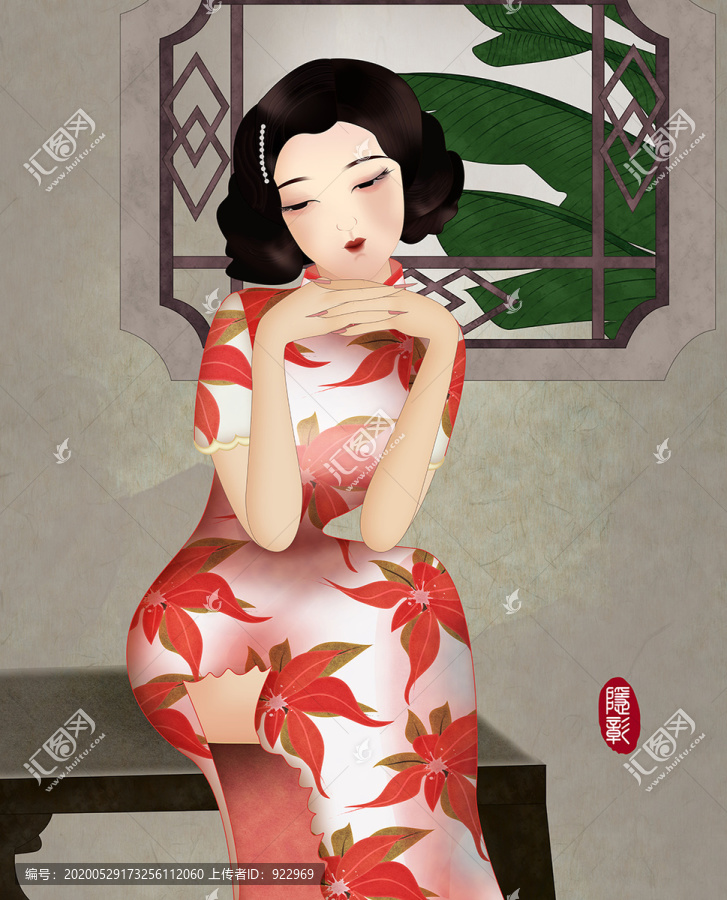 旗袍美人古典民國(guó)美女古窗芭蕉葉