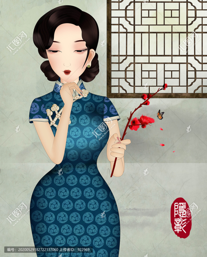 旗袍美人民國美女拿梅花古典美人
