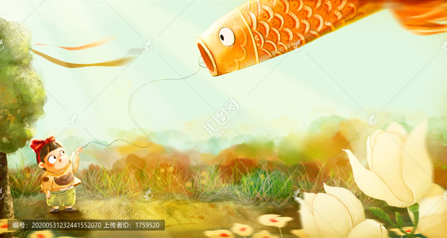 小女孩在草地放魚風(fēng)箏
