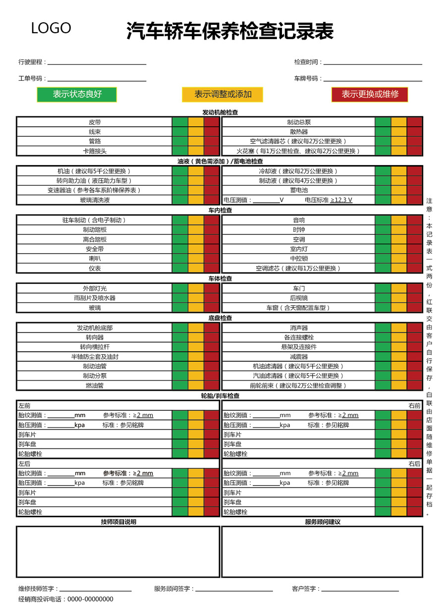 轿车保养检查记录表