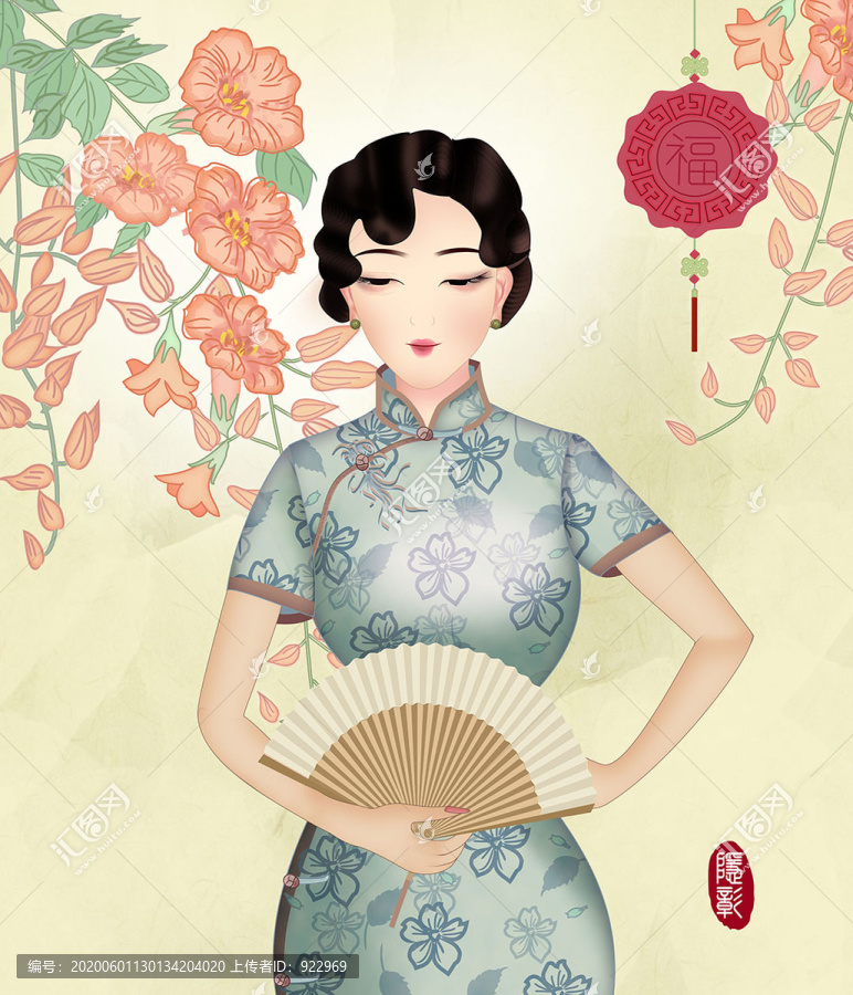旗袍民國美人古風古典美女凌霄花