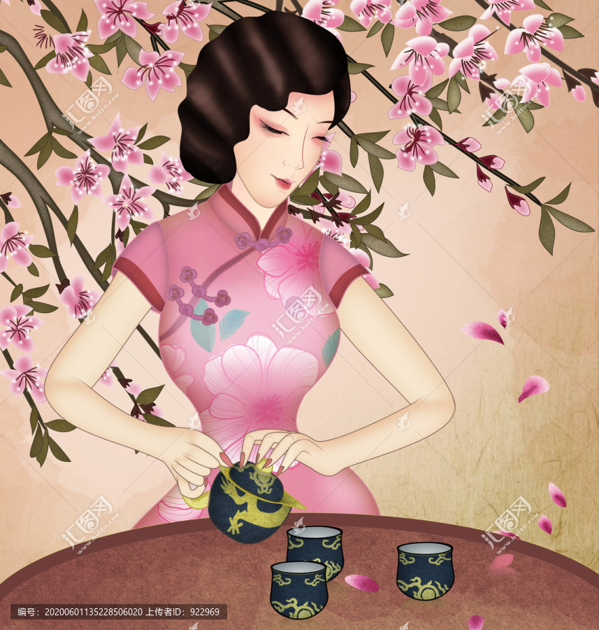 倒茶美人旗袍民國美人桃花春分