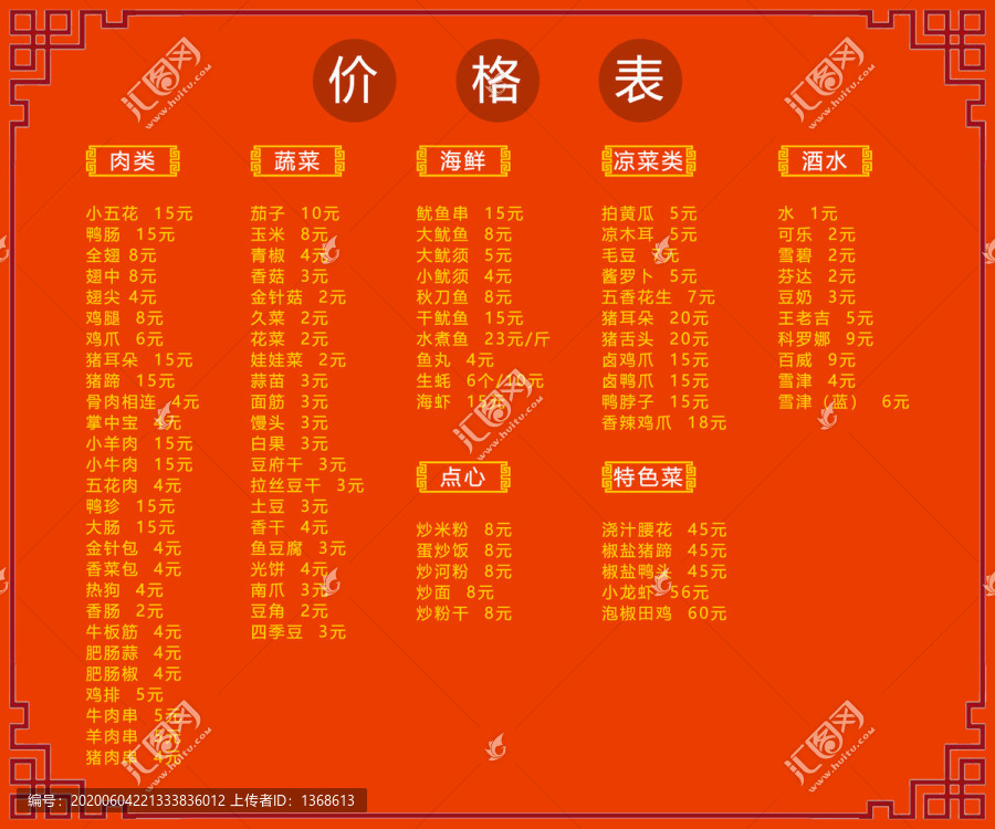 餐飲菜品價(jià)格表