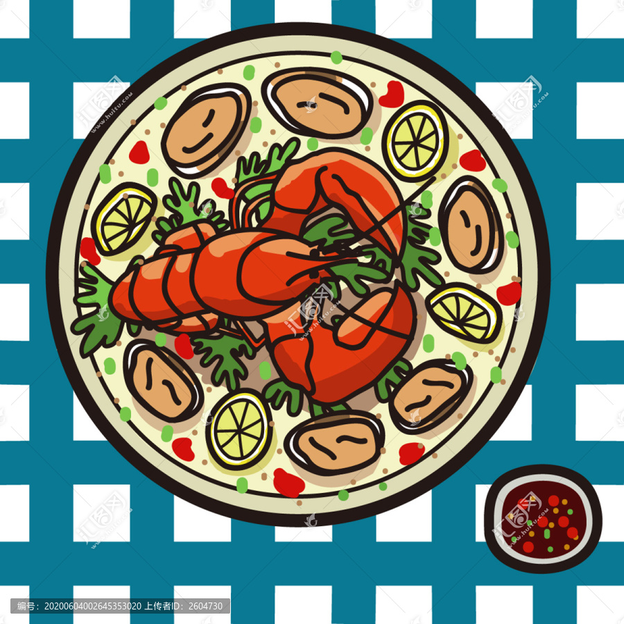 龍蝦海鮮Q版食物美食美味插畫