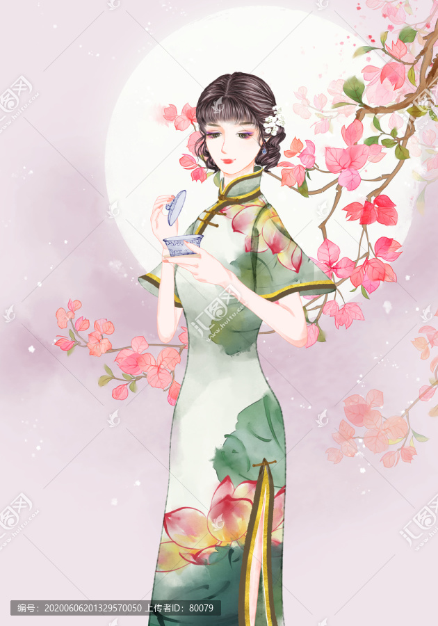 旗袍女子品茶