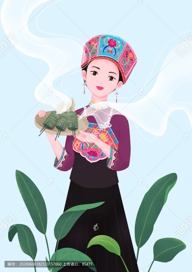 原創(chuàng)手繪壯家美少女粽子插畫