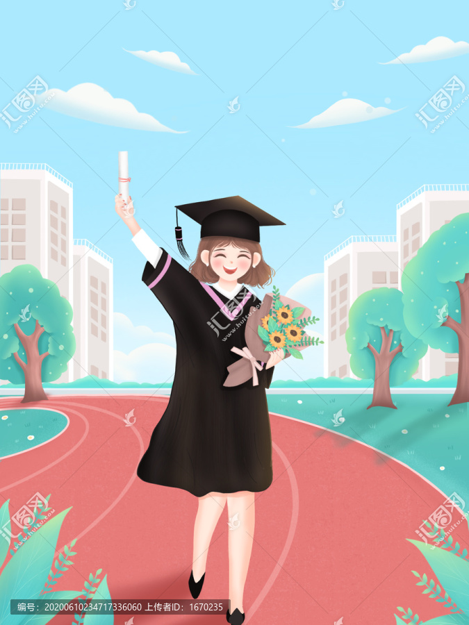 畢業(yè)季穿學(xué)士服拍照的大學(xué)生插畫