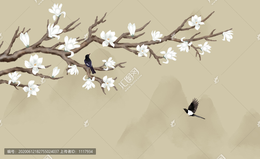 玉蘭花山水背景墻