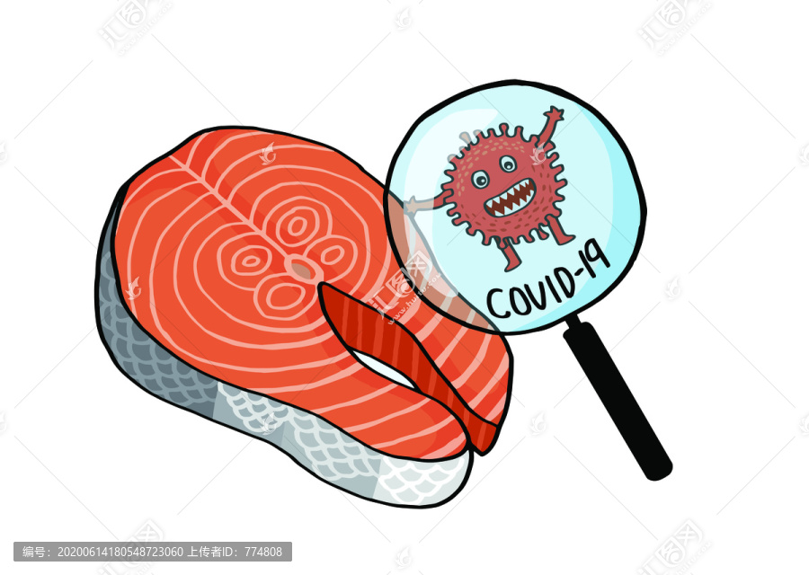 三文魚(yú)魚(yú)肉發(fā)現(xiàn)新型冠狀病毒插畫(huà)