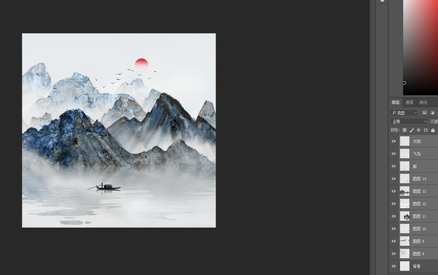 新中式山水圓框裝飾畫