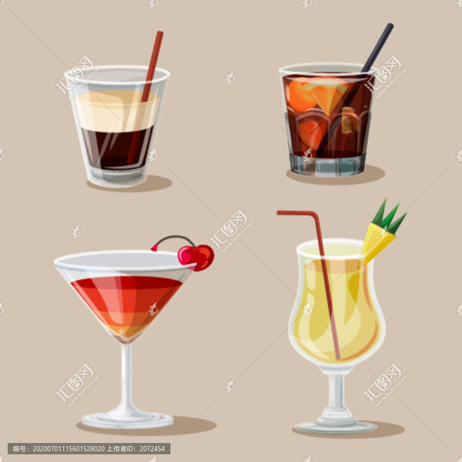 雞尾酒果汁飲料矢量扁平手繪插畫