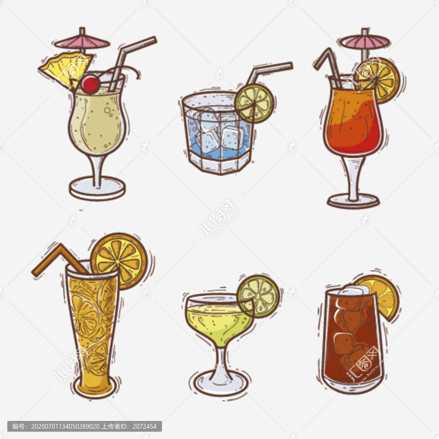 雞尾酒果汁飲料矢量手繪插畫