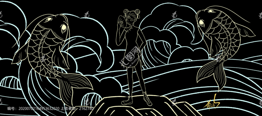 國潮風(fēng)錦鯉附體包裝插畫描線