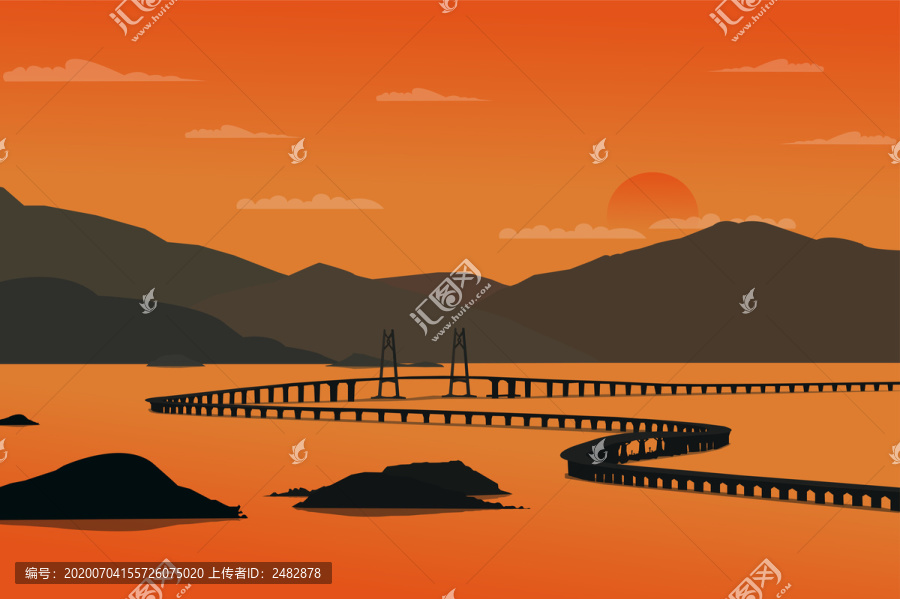 扁平插畫風(fēng)格殘陽長橋