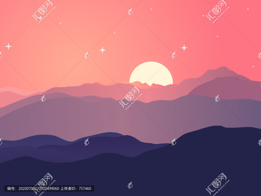 扁平化紅顏色風景夕陽