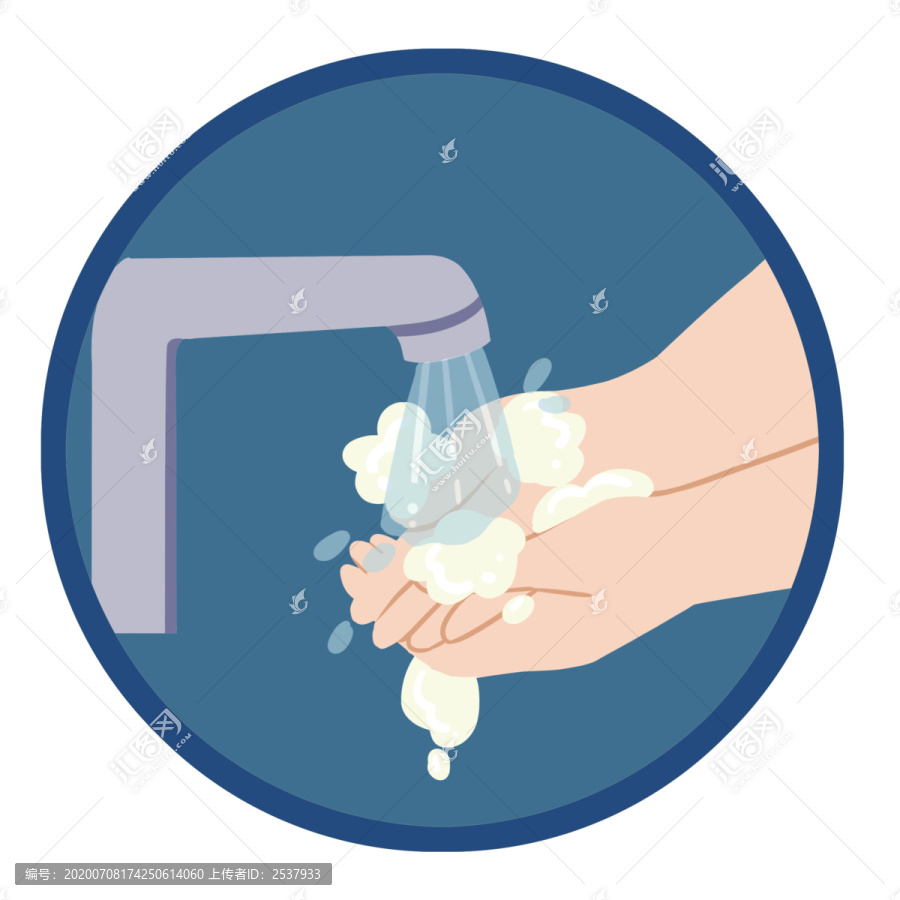 扁平风格用肥皂洗手的防疫图标