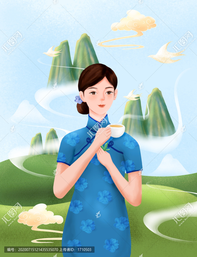 旗袍美女茶葉包裝插畫