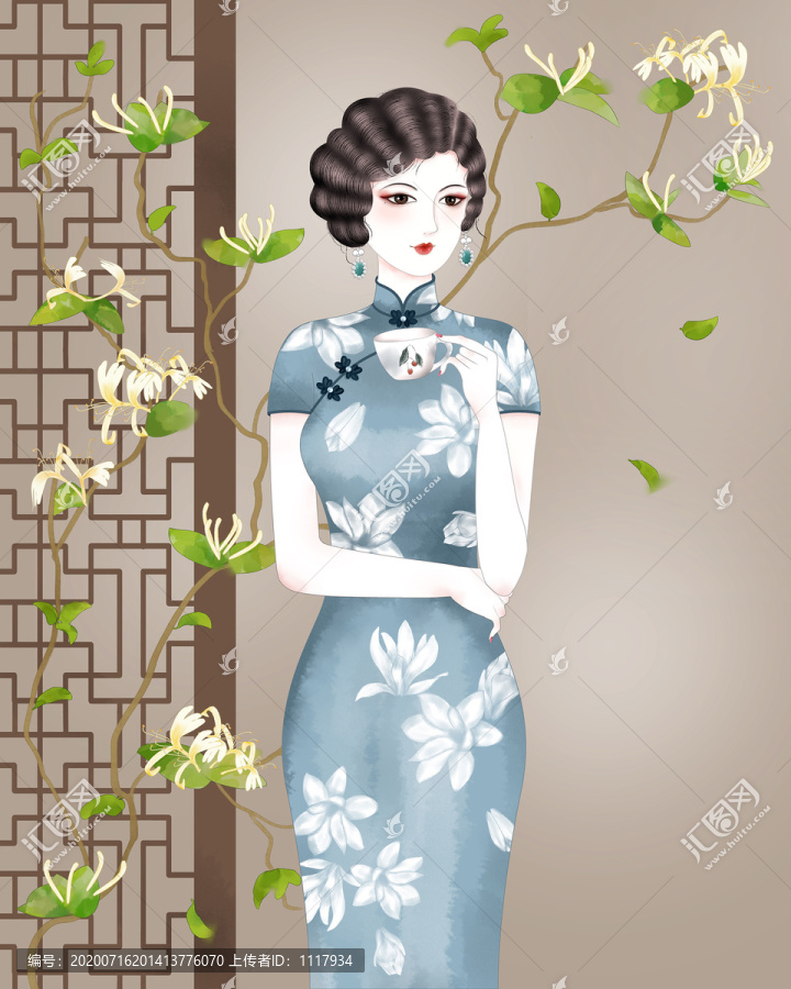 金銀花旗袍美人