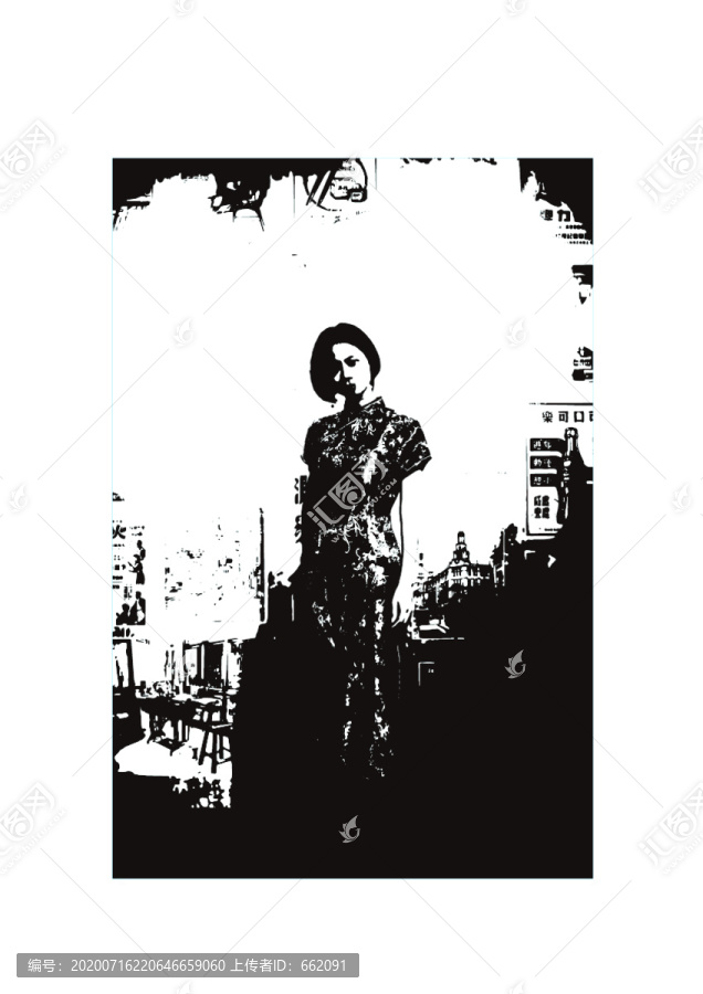 剪影版畫黑白插畫旗袍美女無框畫