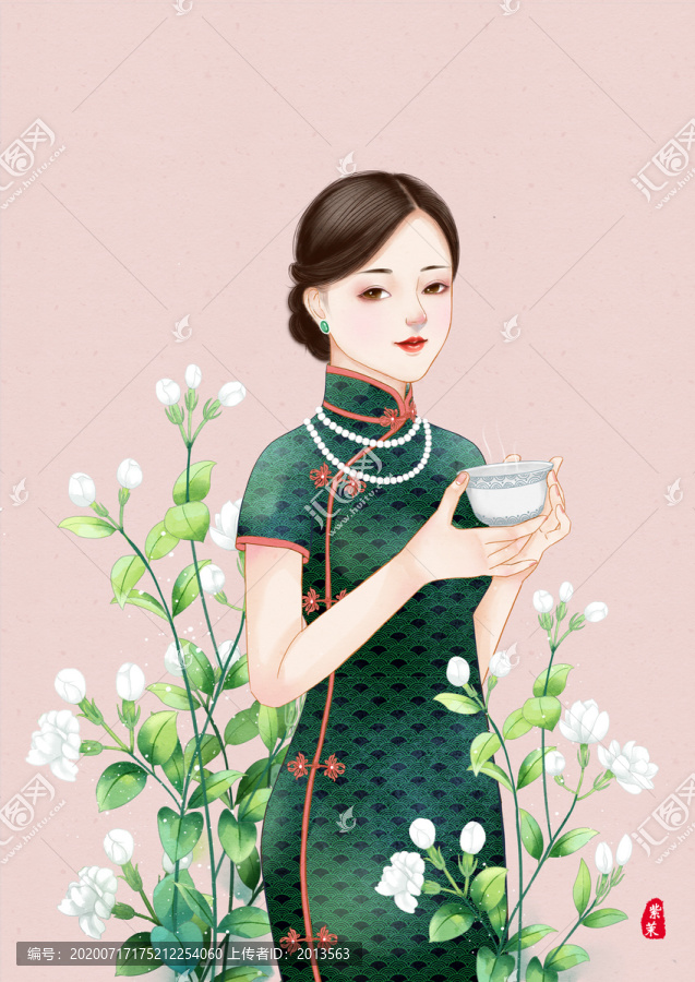 喝茉莉花茶的旗袍女人