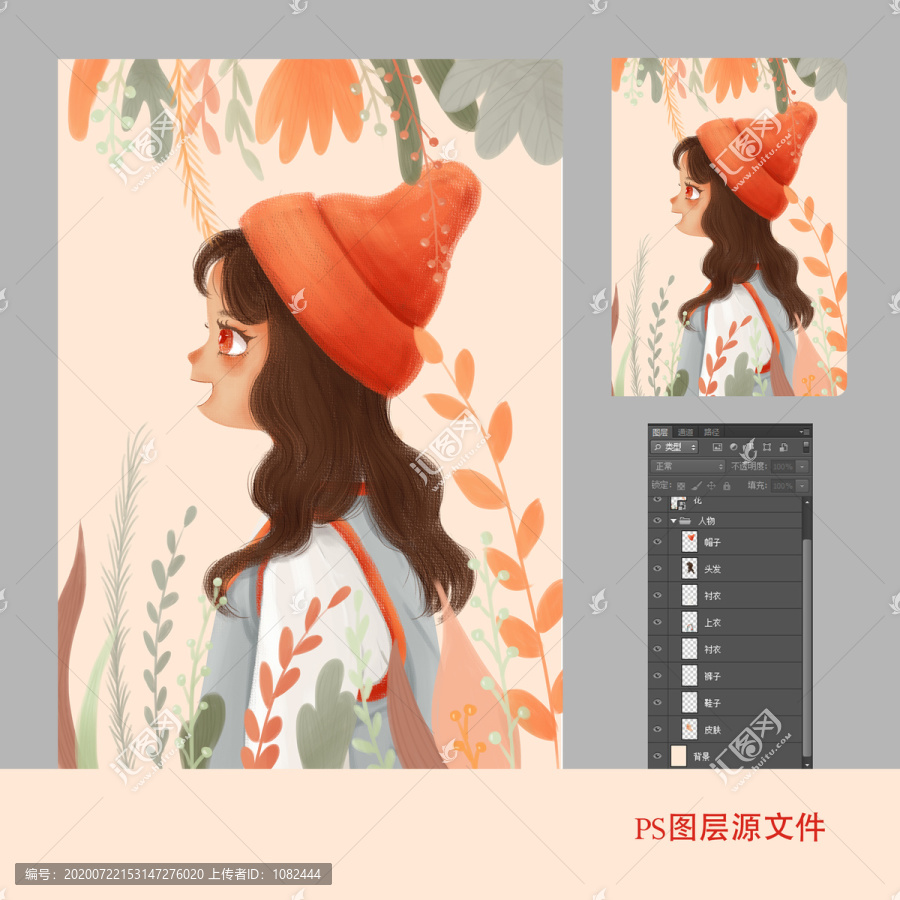 戴帽子兒童插畫女孩暖色花卉