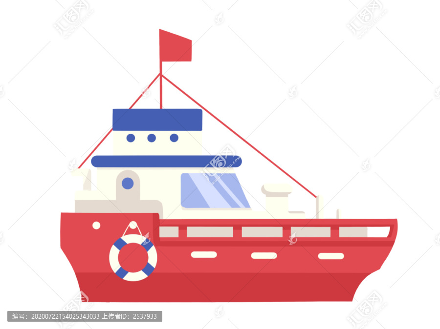 原创手绘卡通红色插旗的轮船插画