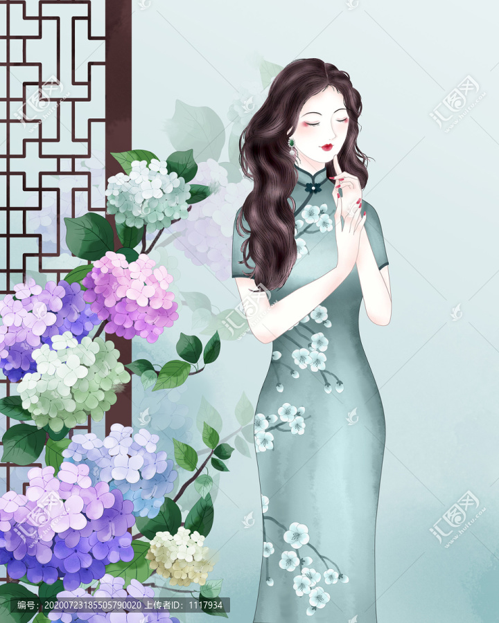 繡球花旗袍美人