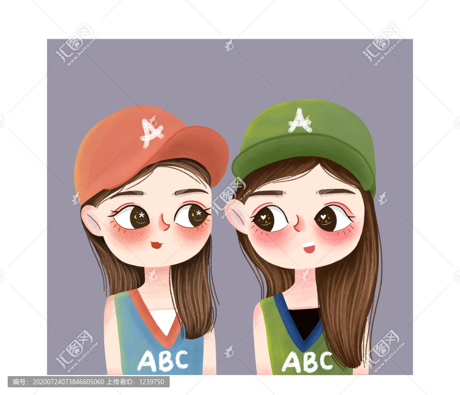 手繪閨蜜頭像卡通戴帽子女孩