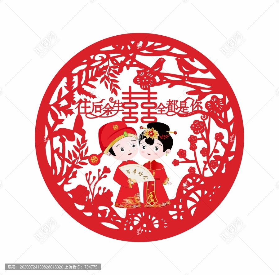 卡通新郎新娘中式婚禮喜字